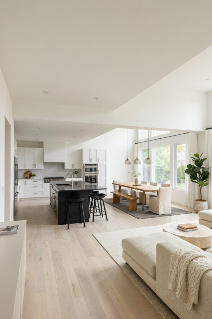 Zoned open-concept modular home floor plan showing distinct kitchen, dining, and living areas